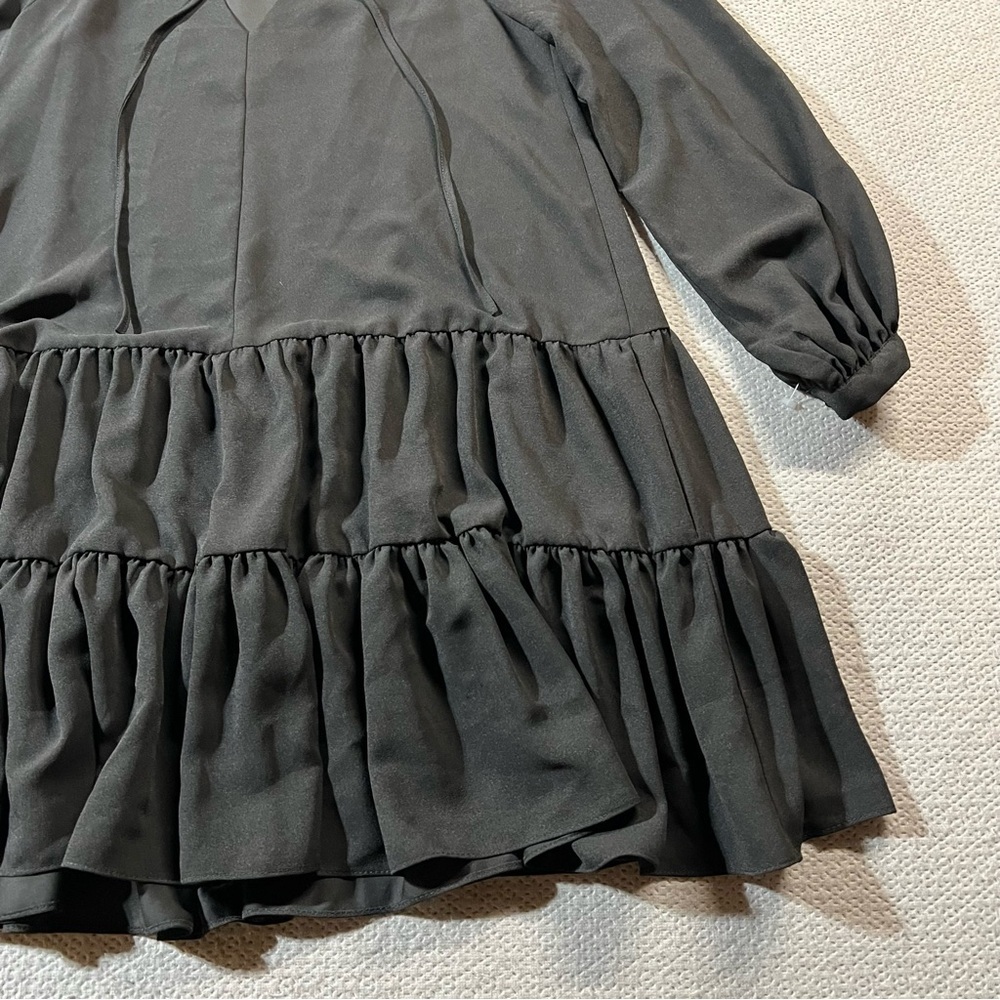 River Island Black High Ruffle Neck Long Sleeve Tiered Chiffon Dress Size 10 Euc View 2